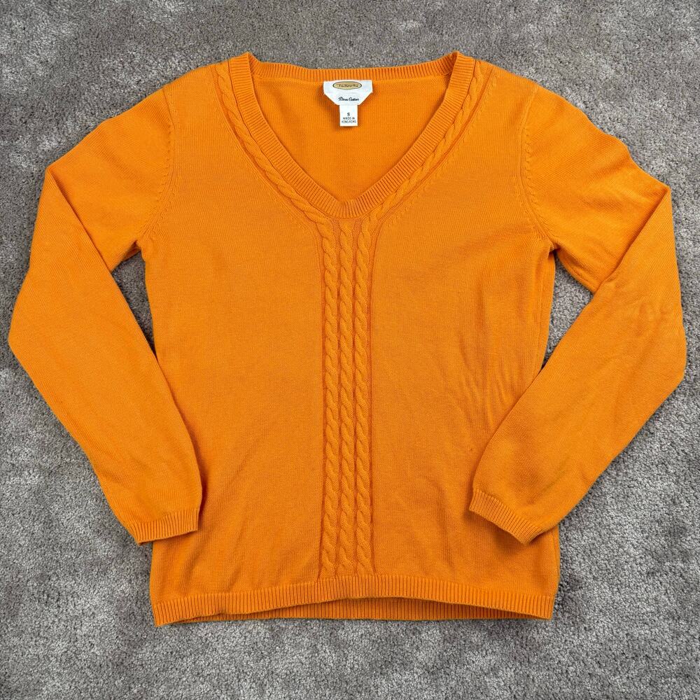 Talbots Orange Textured Cable Knit V-Neck Pullover Sweater Size S Dopamine